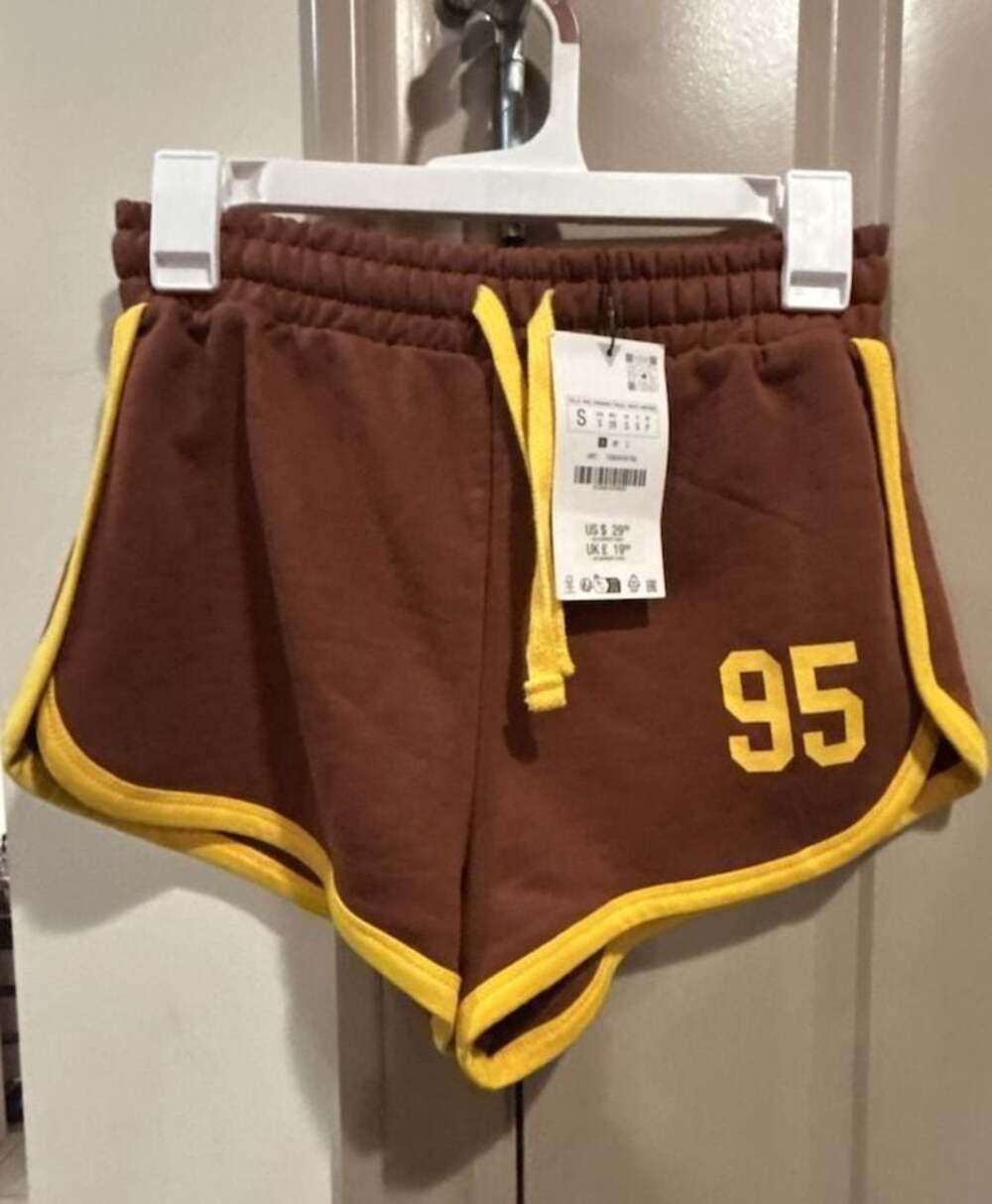 Zara Brown and Yellow '95' Varsity Dolphin Shorts